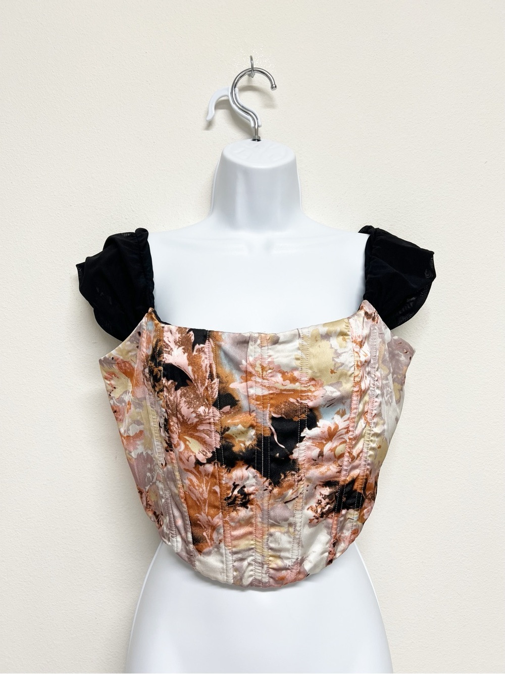 TIC TOC Womens Romantic Floral Satin Corset Top with Black Puff Sleeves Size L
